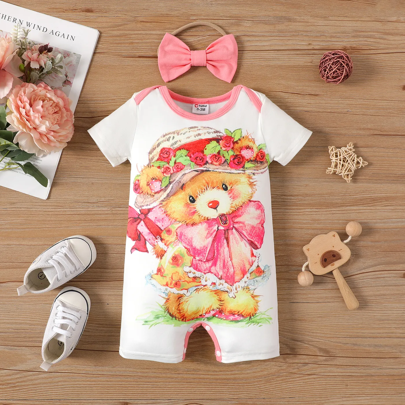 2pcs Baby Girl Bear Print Short-sleeve Romper & Headband Set White big image 1