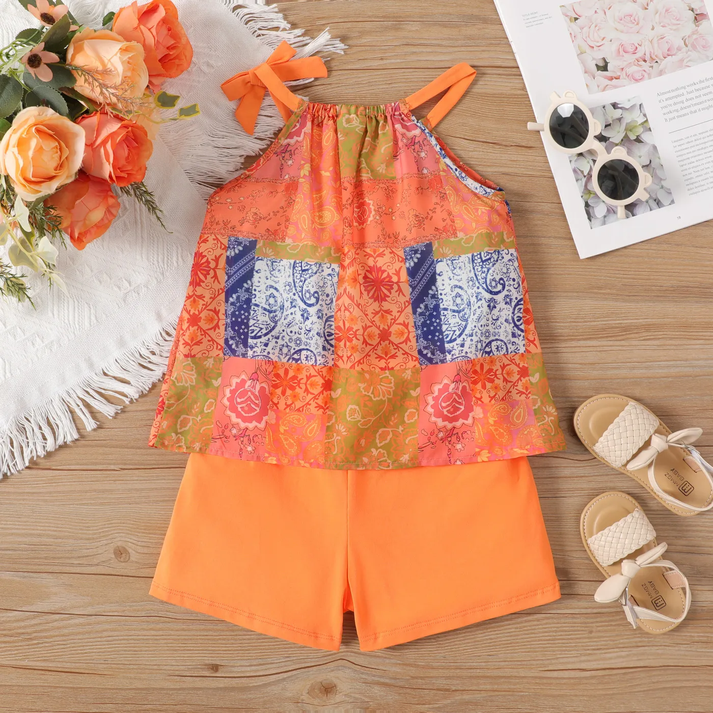 2pcs Toddler Girl Boho Cami Top and Solid Elasticized Shorts Set  image 2