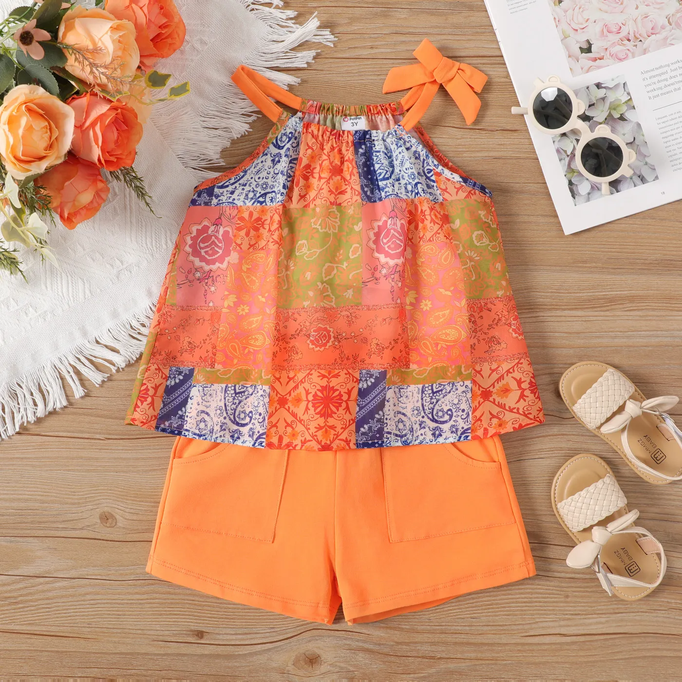 2pcs Toddler Girl Boho Cami Top and Solid Elasticized Shorts Set  big image 1