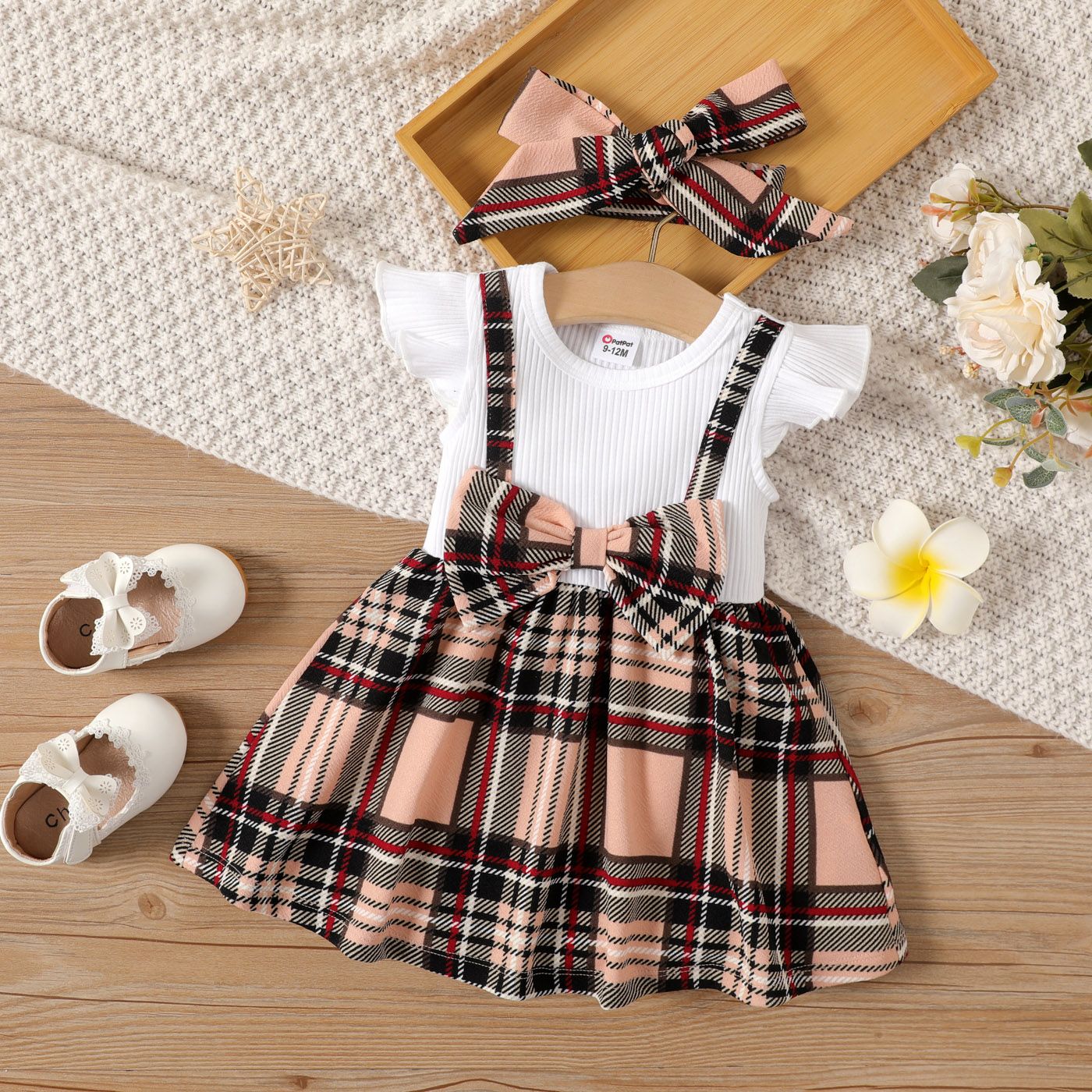 2pcs Baby Solid Cotton Ribbed Ruffle Long-sleeve Spliced Plaid Bow Front Dress & Headband Set