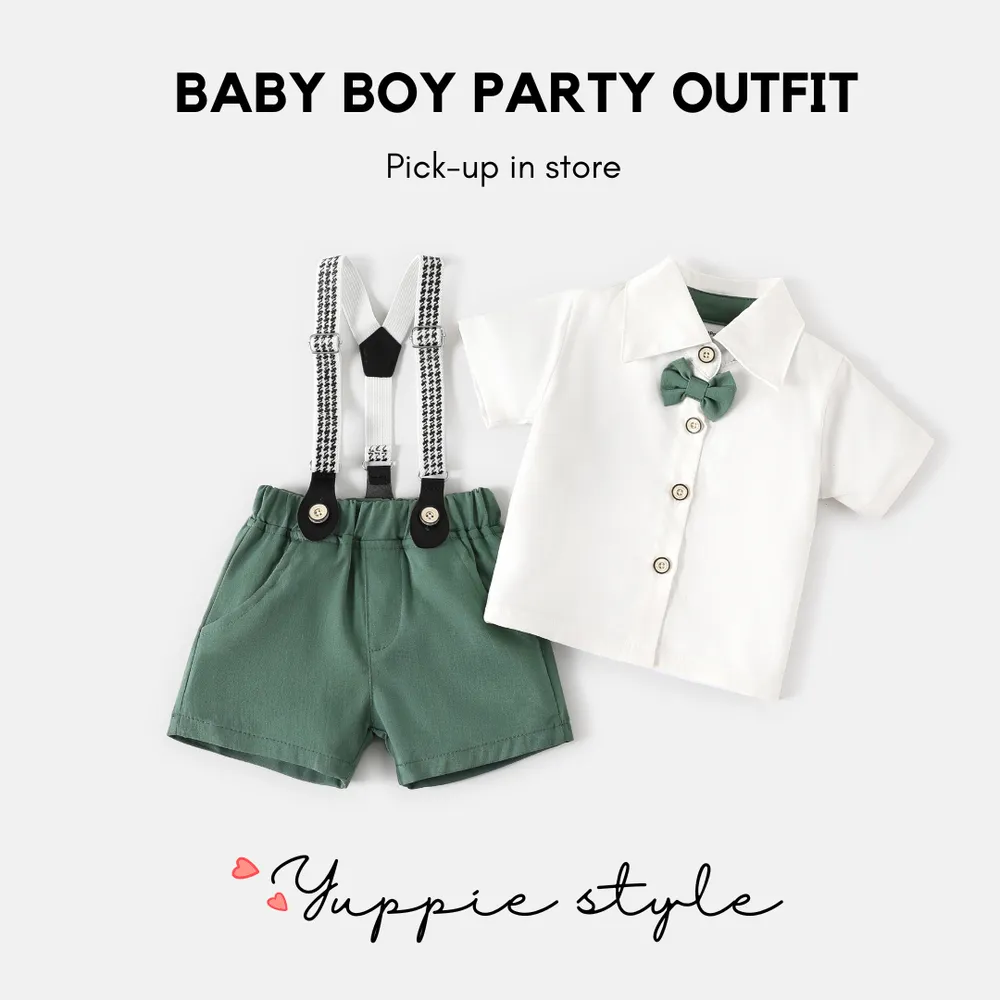 Baby Boy Short-sleeve Party Outfit Gentle Bow Tie Shirt and Suspender Shorts Set  big image 3