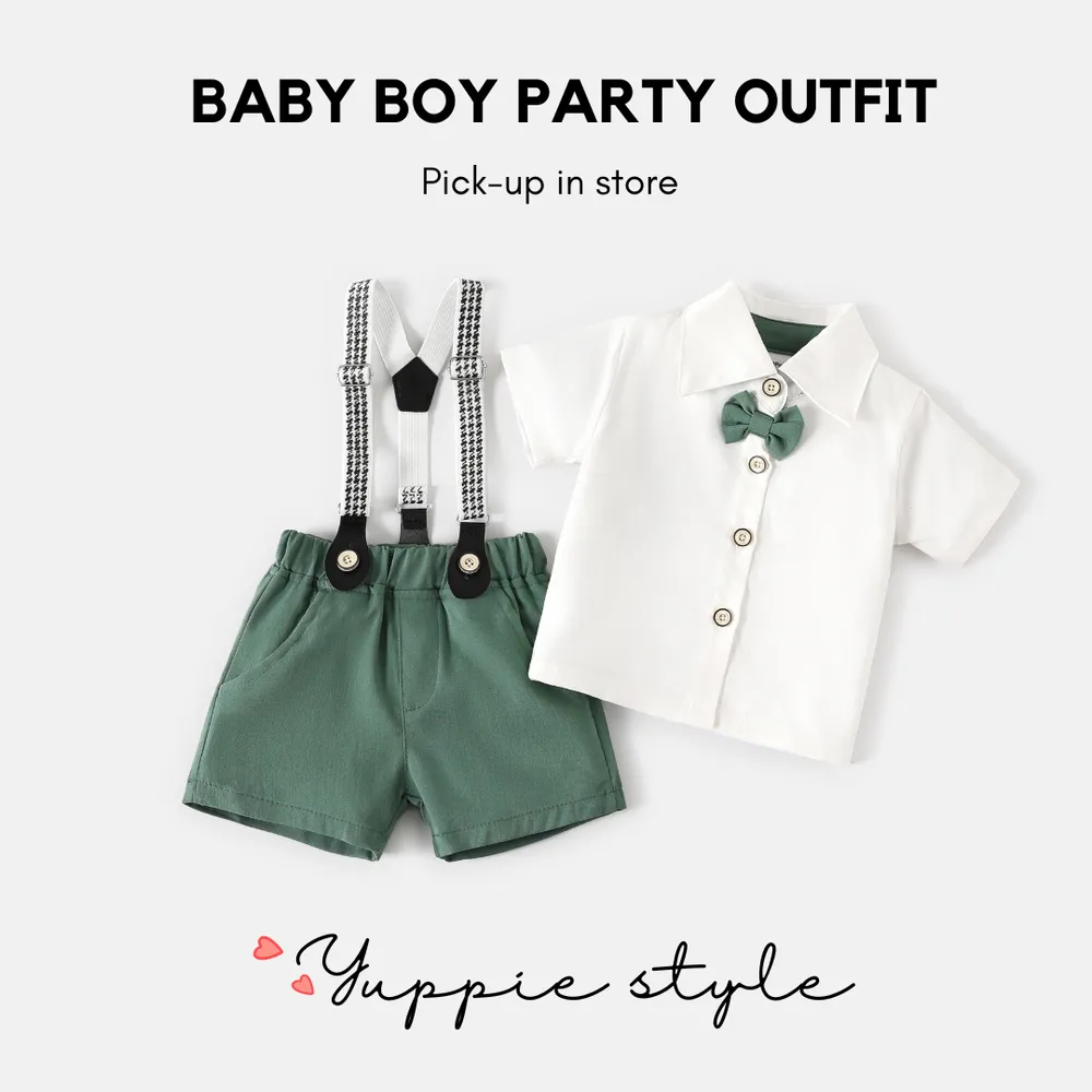 Baby Boy Short-sleeve Party Outfit Gentle Bow Tie Shirt and Suspender Shorts Set big image 3