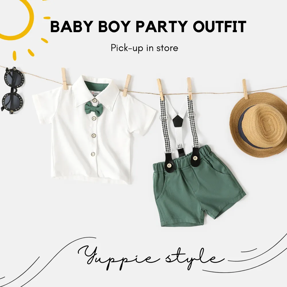 Baby Boy Short-sleeve Party Outfit Gentle Bow Tie Shirt and Suspender Shorts Set  big image 2