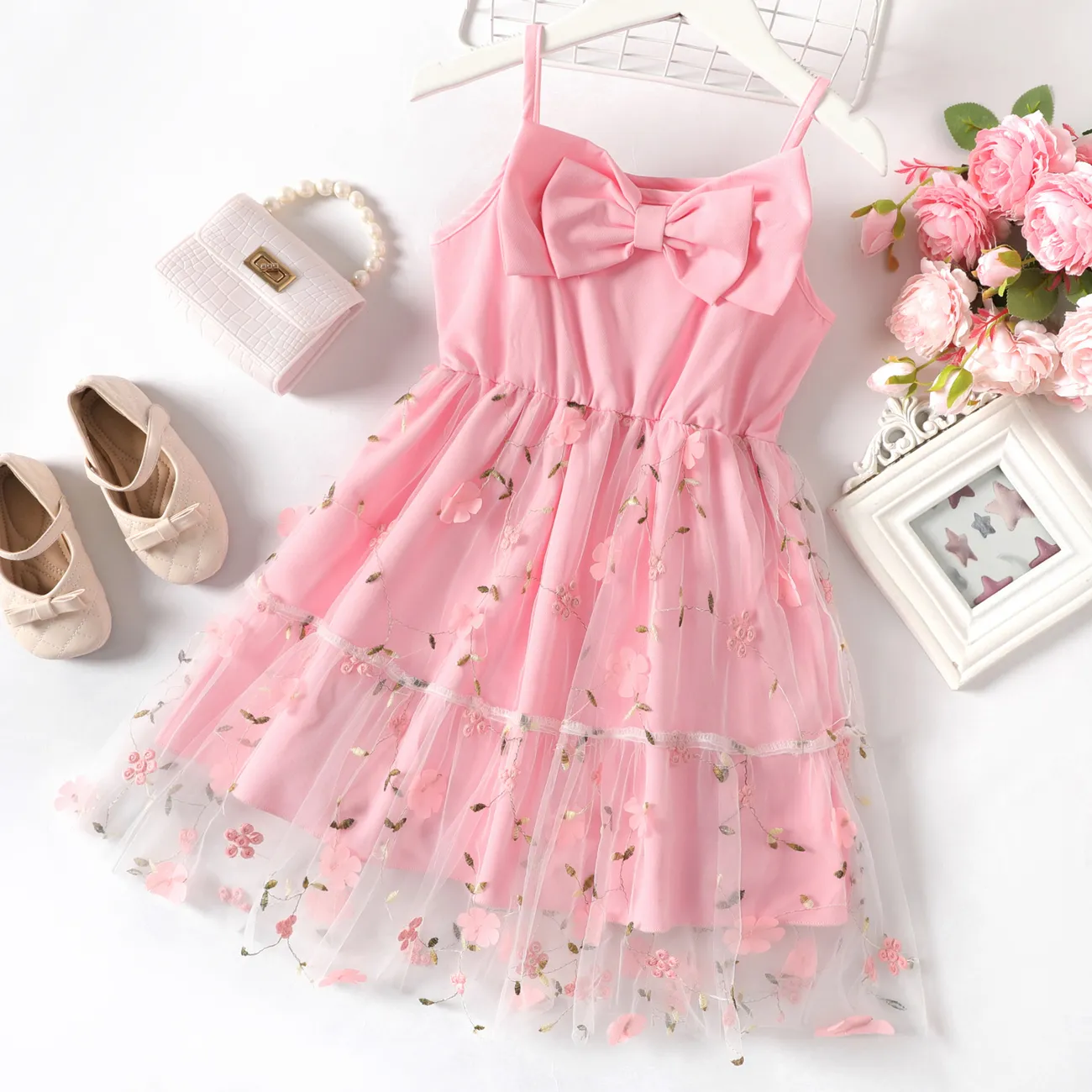 Kid Girl Floral & Bow Decor Mesh Overlay Slip Fairy Dress Pink big image 1