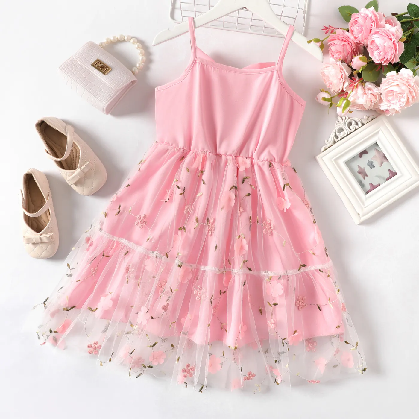 Kid Girl Floral & Bow Decor Mesh Overlay Slip Fairy Dress Pink image 2