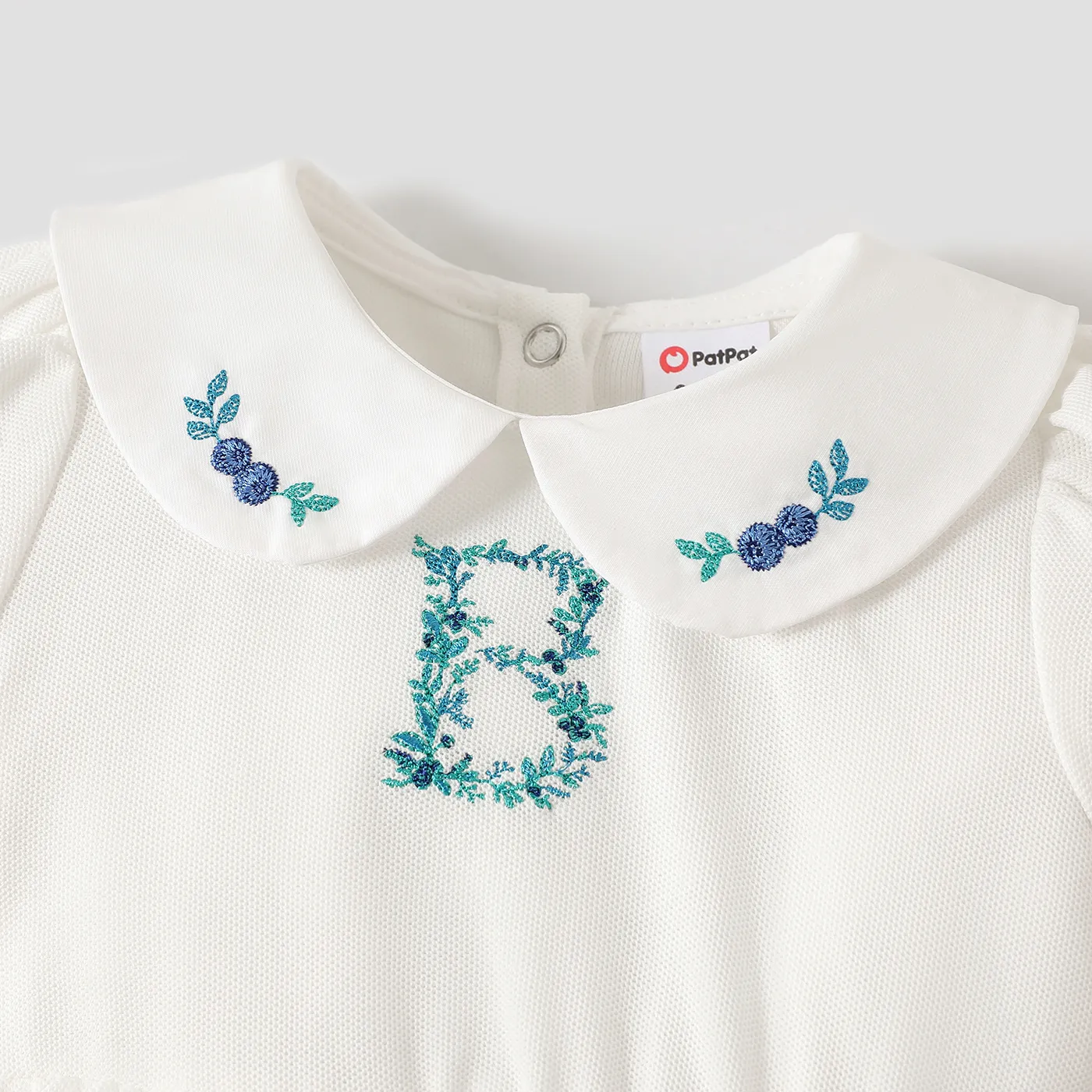 Baby Girl Embroidered Detail Peter Pan Collar Puff-sleeve Romper White image 6