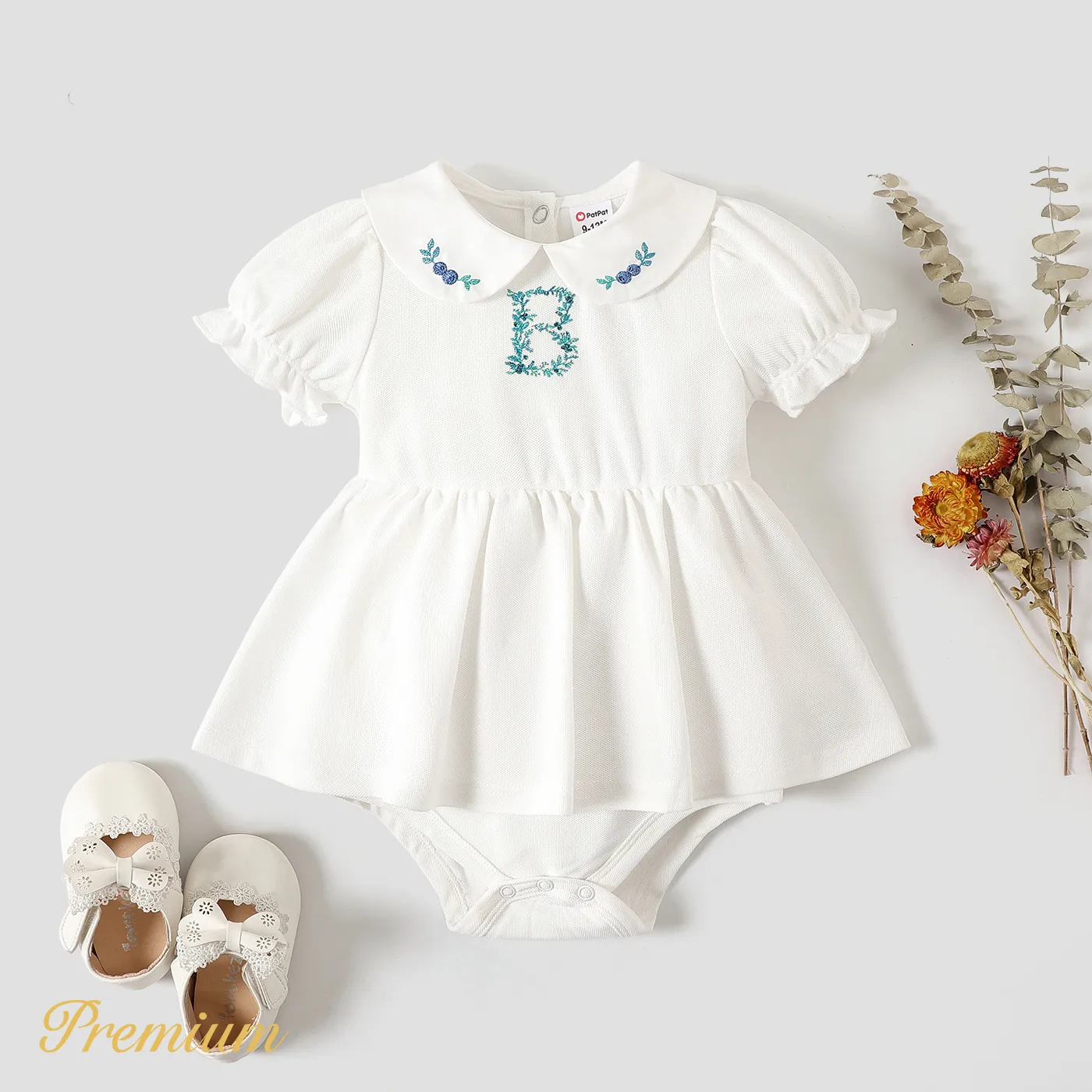 Baby Girl Embroidered Detail Peter Pan Collar Puff-sleeve Romper White big image 1