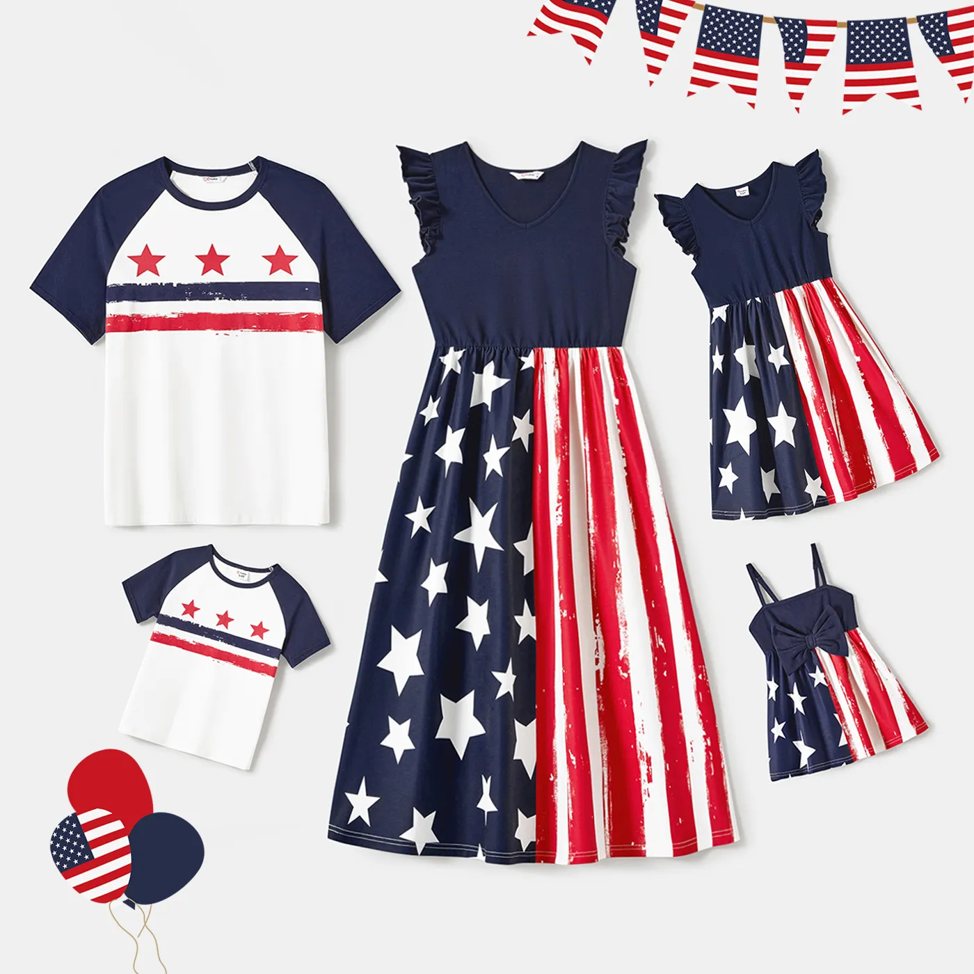 Independence Day Family Matching Cotton Raglan Sleeve Star & Striped Design T-shirts And Flutter-sleeve Spliced Dresses Sets