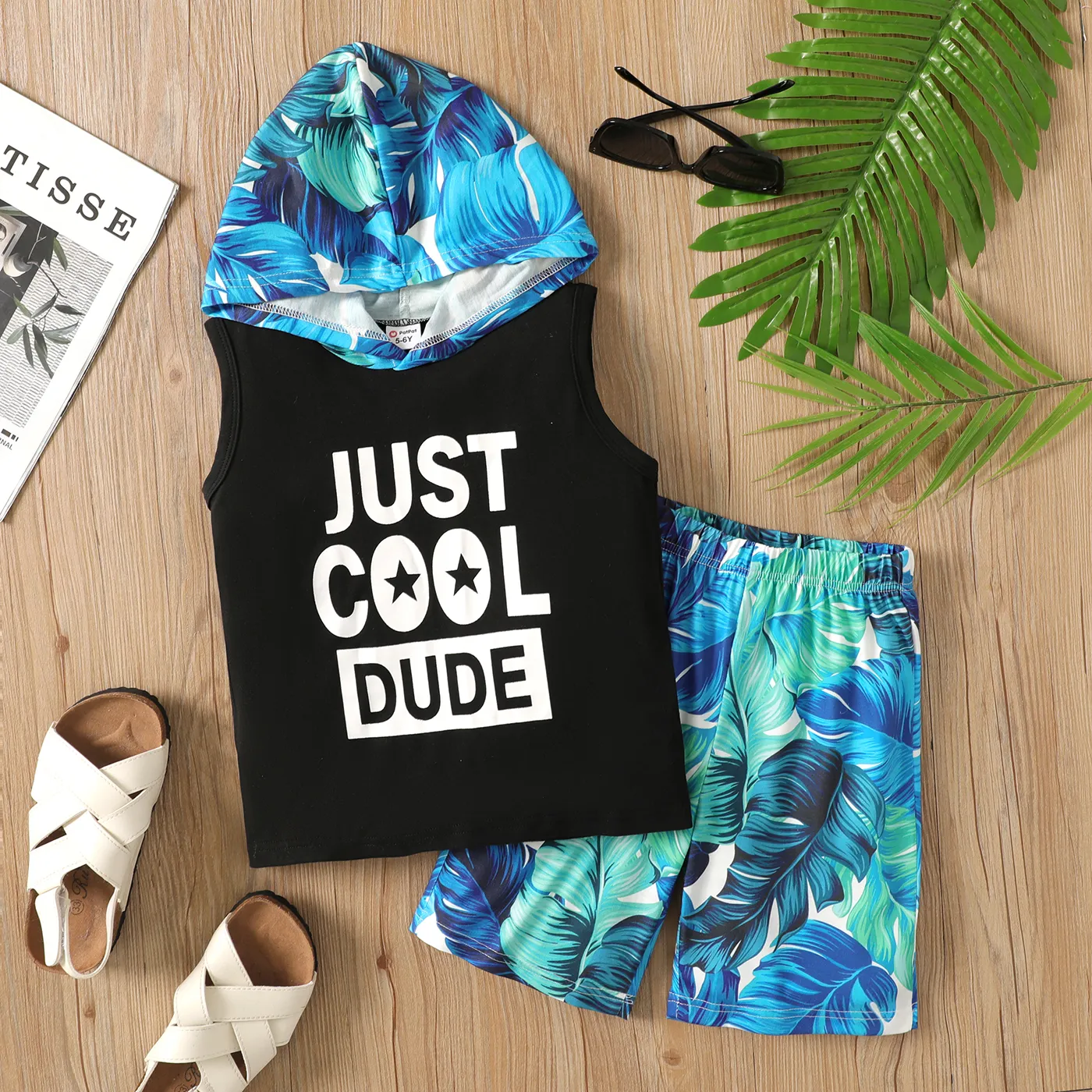 2pcs Kid Boy Letter & Plant Print Hooded Tank Top and Shorts Set Black big image 1