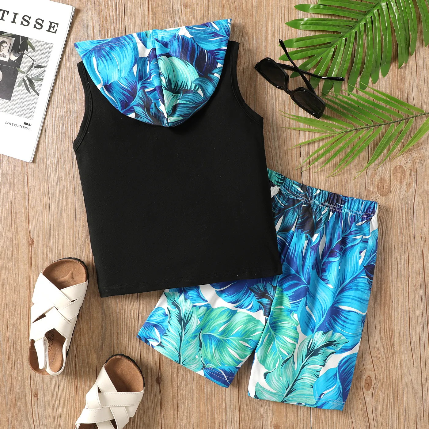 2pcs Kid Boy Letter & Plant Print Hooded Tank Top and Shorts Set Black image 2