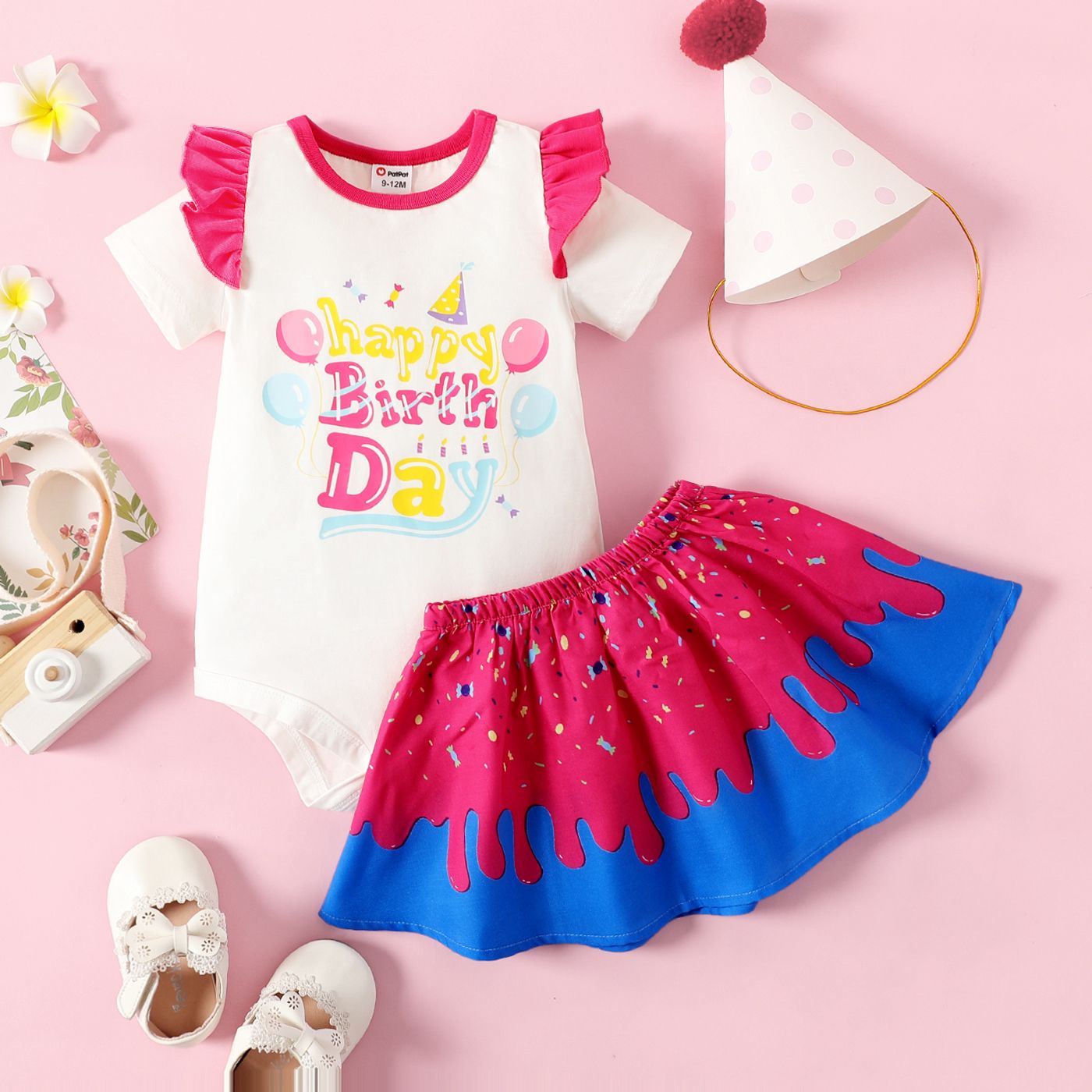 2pcs Baby Girl 100% Cotton Letters Print Flutter-sleeve Romper and Print Skirt Set