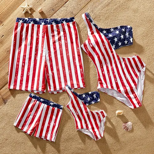 Independence Day Family Matching Star & Striped Print One Shoulder Cut Out Waist One-piece Swimsuit or Swim Trunks Shorts