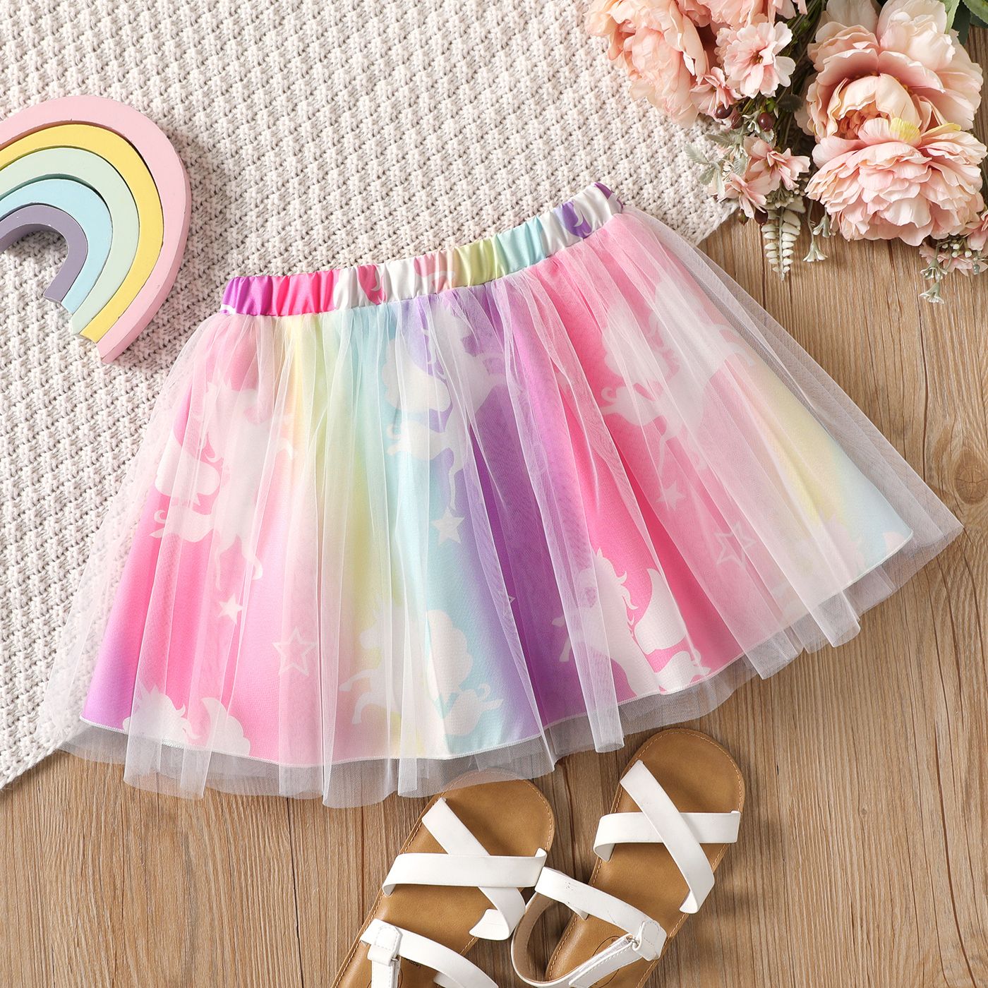 

Kid Girl Unicorn Print Mesh Overlay Fairy Dress