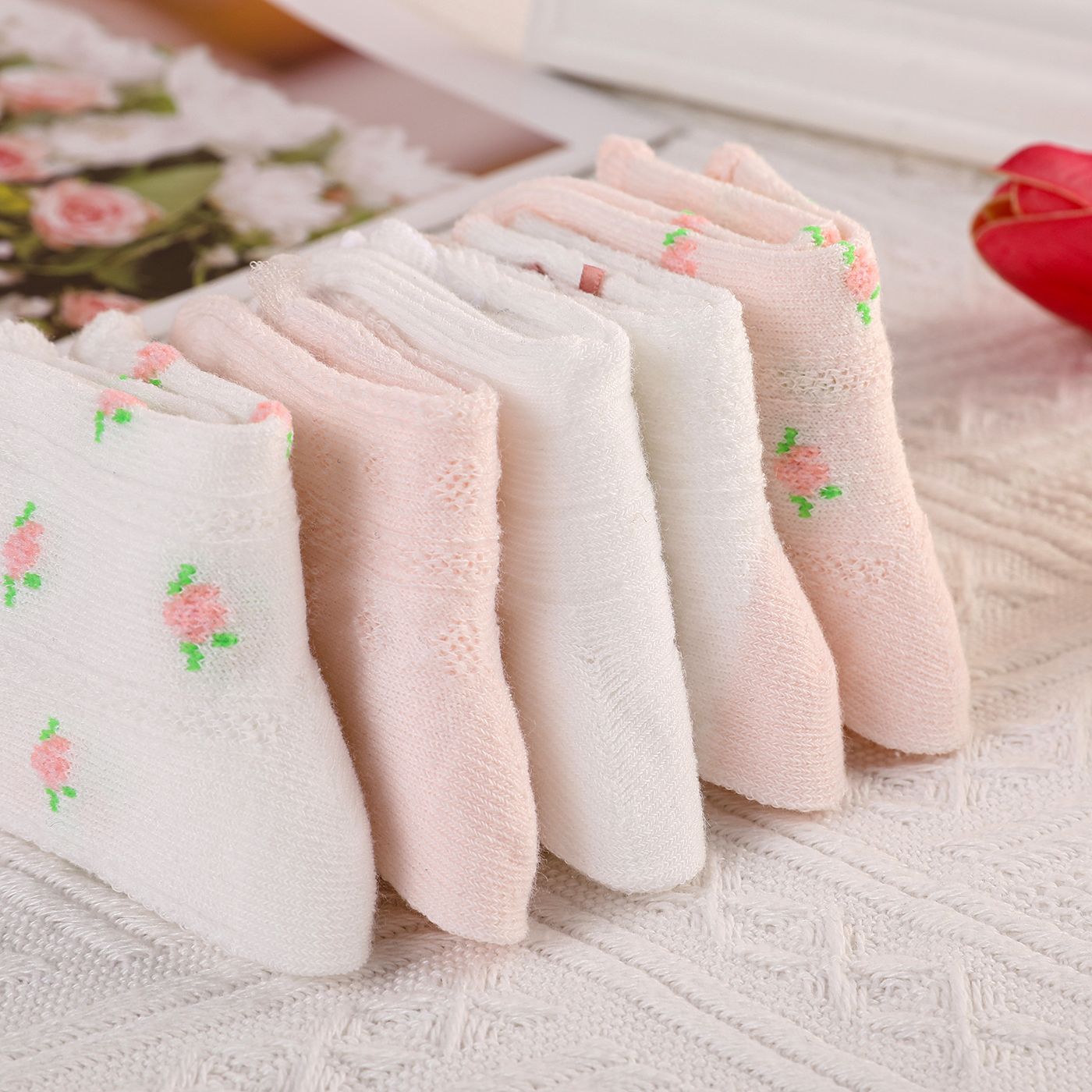 

5 Pairs Baby Floral Print & Solid Socks Set