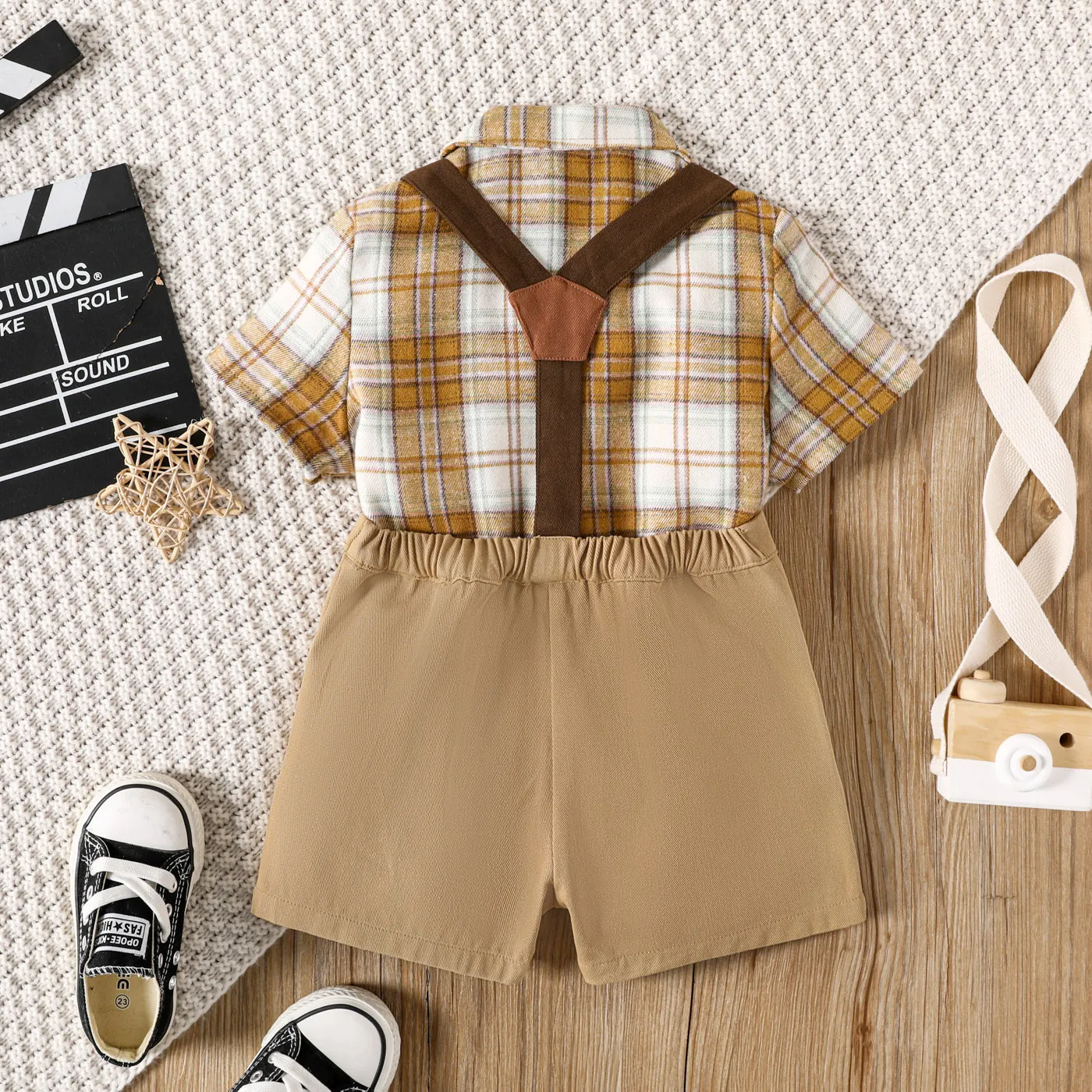 2Pcs Toddler Boy Plaid Short-sleeve Bow Tie Shirt and Suspender Shorts Set PLAID image 2