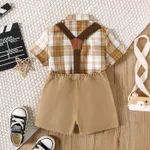 2Pcs Toddler Boy Plaid Short-sleeve Bow Tie Shirt and Suspender Shorts Set  image 2
