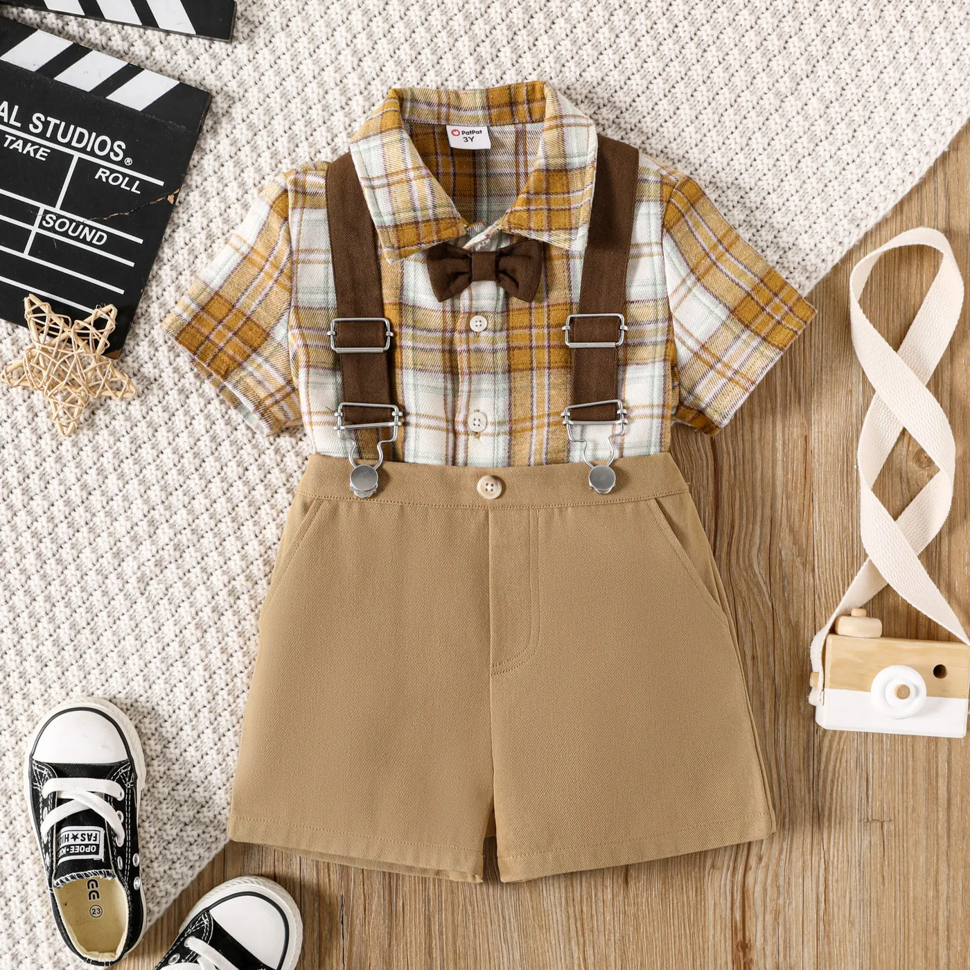 2Pcs Toddler Boy Plaid Short-sleeve Bow Tie Shirt and Suspender Shorts Set PLAID big image 1