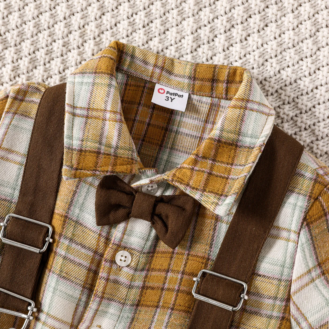 2Pcs Toddler Boy Plaid Short-sleeve Bow Tie Shirt and Suspender Shorts Set PLAID image 3