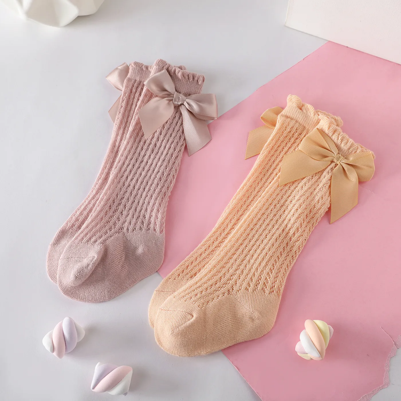 

2 Pairs Baby Bow Decor Solid Mesh Crew Socks