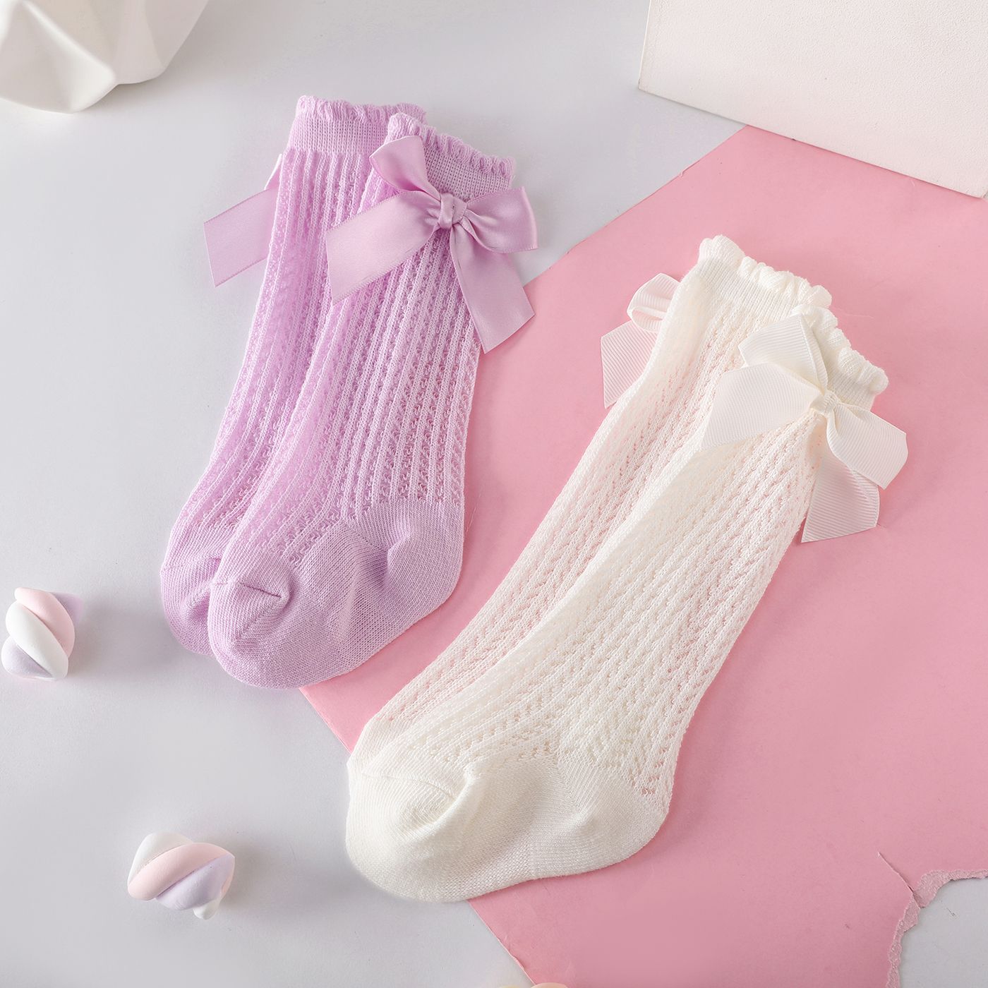 

2 Pairs Baby Bow Decor Solid Mesh Crew Socks