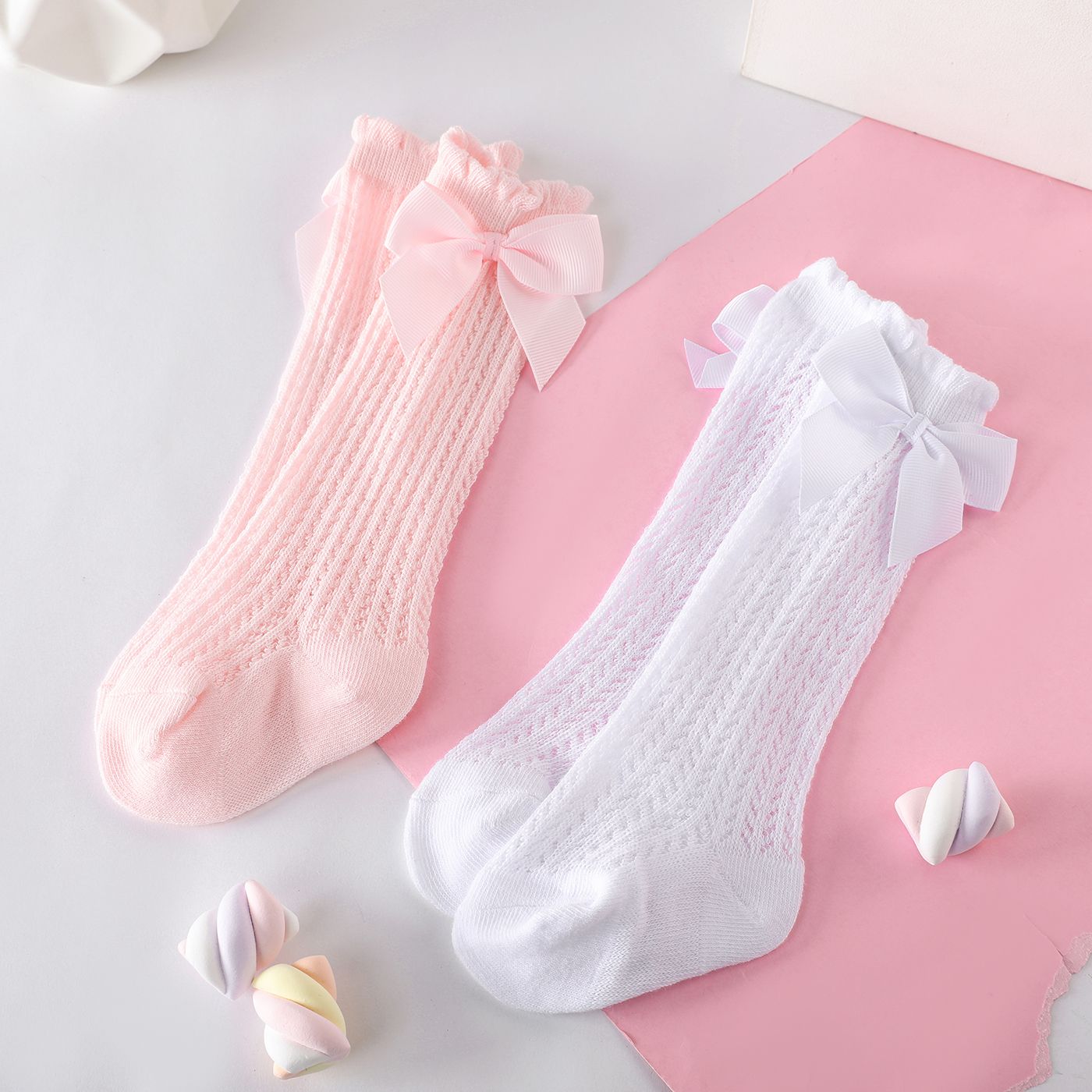 

2 Pairs Baby Bow Decor Solid Mesh Crew Socks