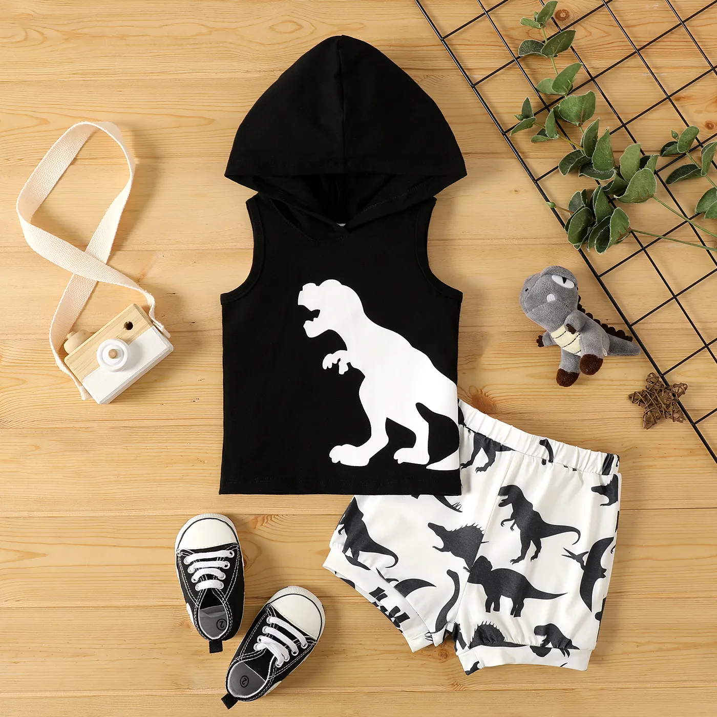 2 unidades Bebé Menino Com capuz Animais Infantil Manga curta Conjunto para bebé Preto e branco big image 1