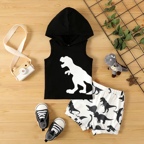 2pcs Baby Boy Cotton Hooded Tank Top and Dinosaur Print Naia™ Shorts Set