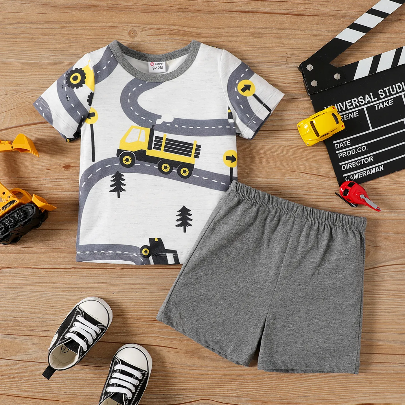 2pcs Baby Boy 100% Cotton Shorts and Allover Road & Vehicle Print Short-sleeve Naiatm Tee Set