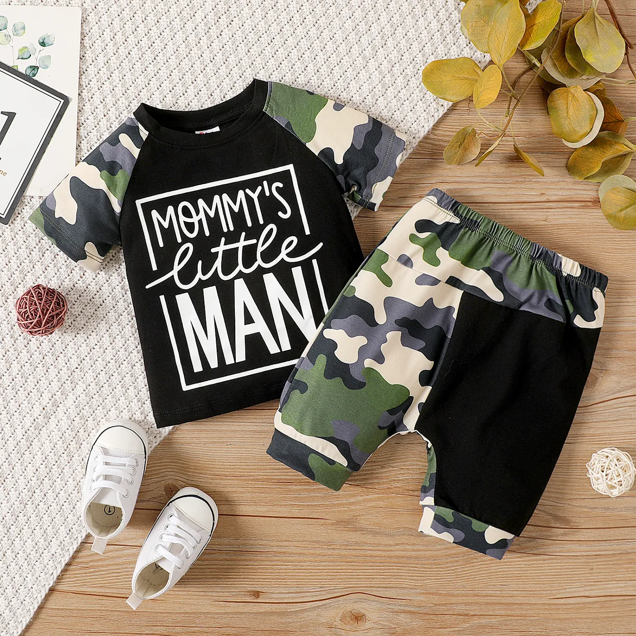 2pcs Baby Boy Short-sleeve Letter Print Black & Camouflage Naia™ Tee and Capri Pants Set ColorBlock big image 1
