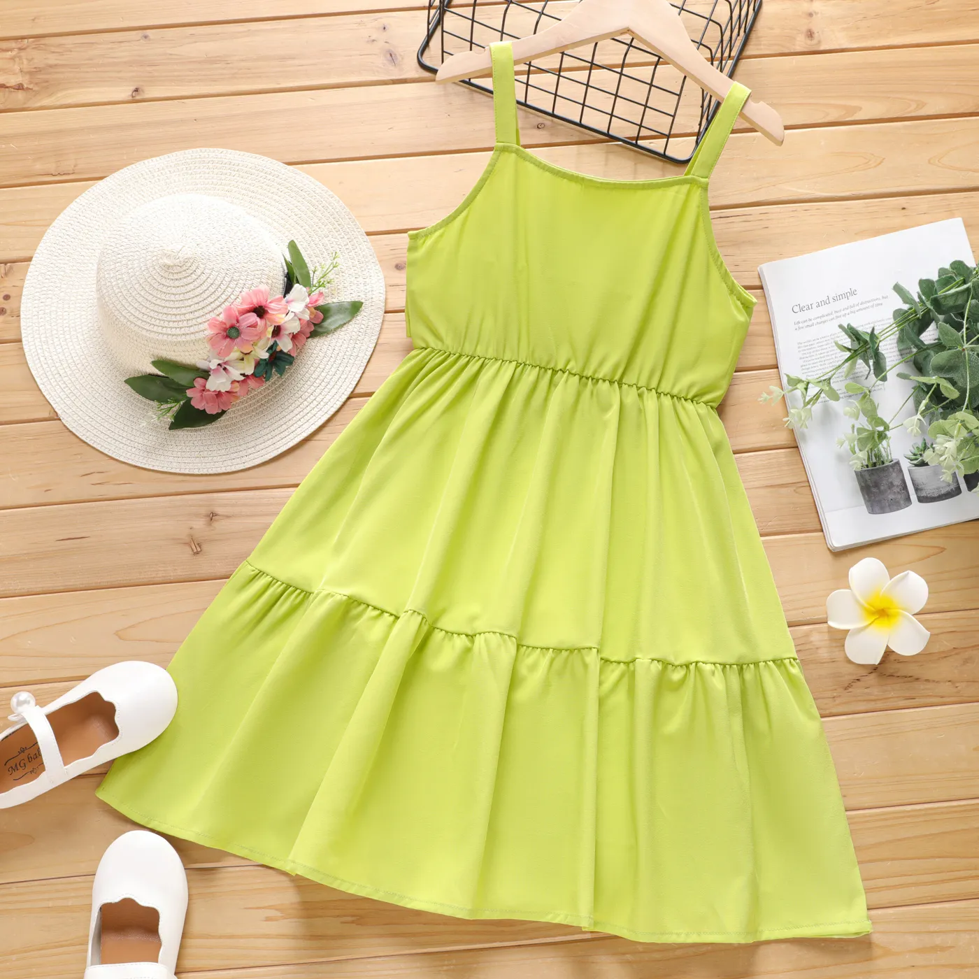 Kid Girl Bowknot Design Slip Dress LemonGreen image 2