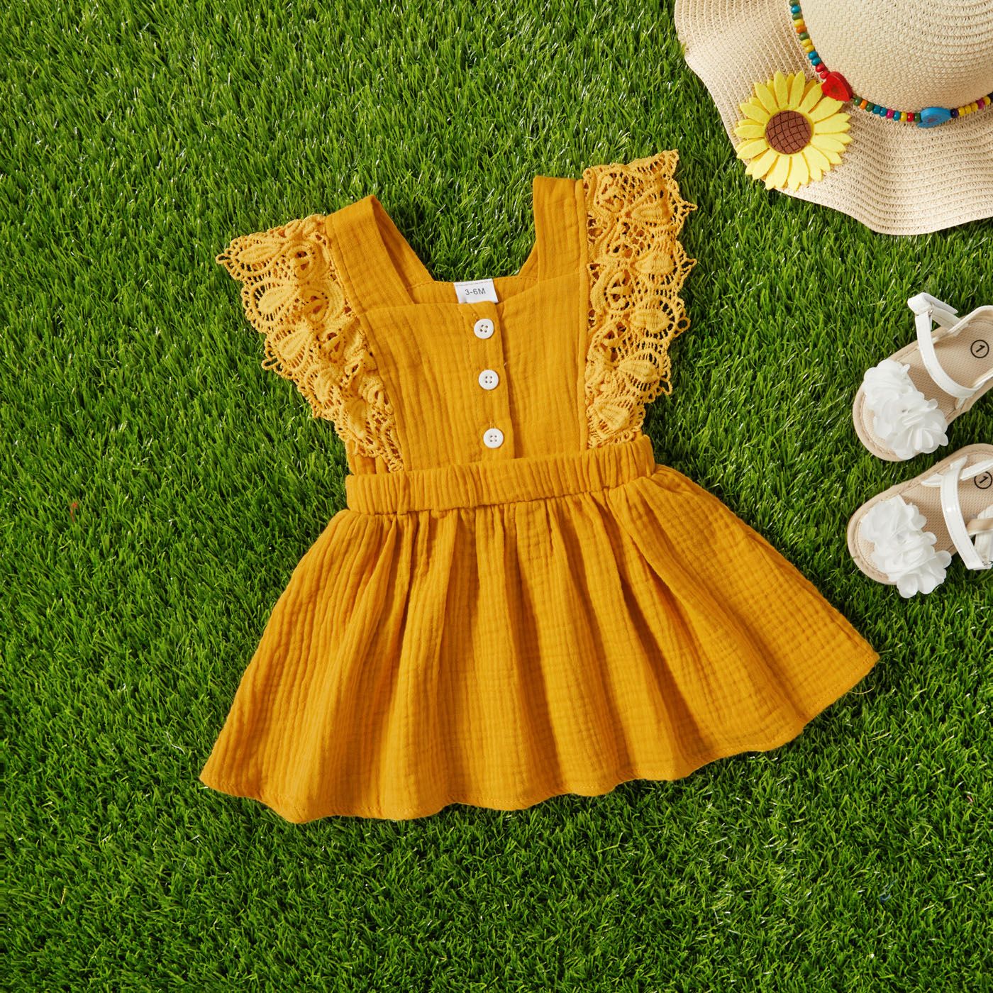 

Baby Girl 100% Cotton Crepe Lace Decor Sleeveless Dress