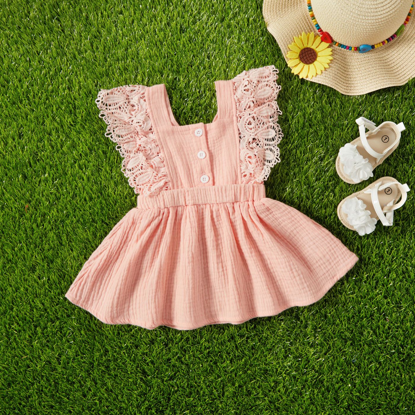 

Baby Girl 100% Cotton Crepe Lace Decor Sleeveless Dress