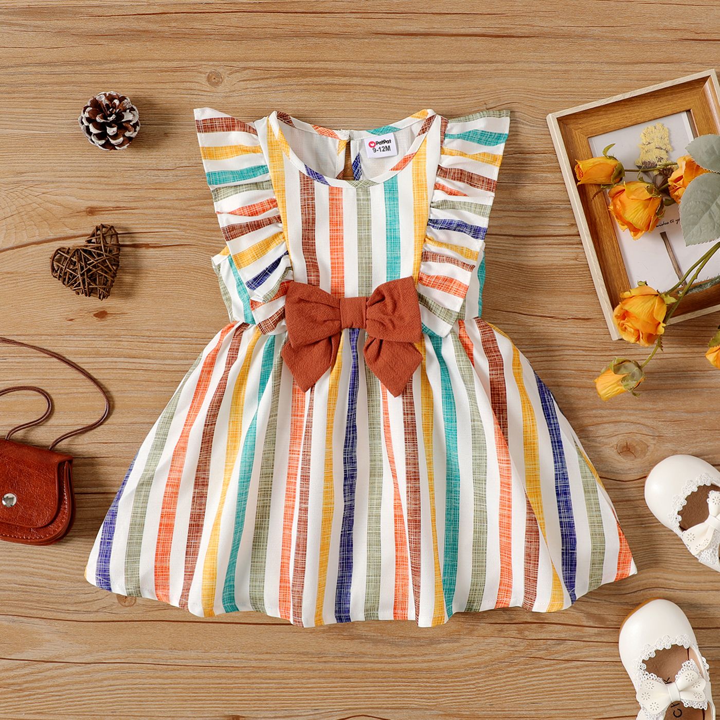 

Baby Girl Stripe Bowknot Design Ruffled Sleeveless Dress