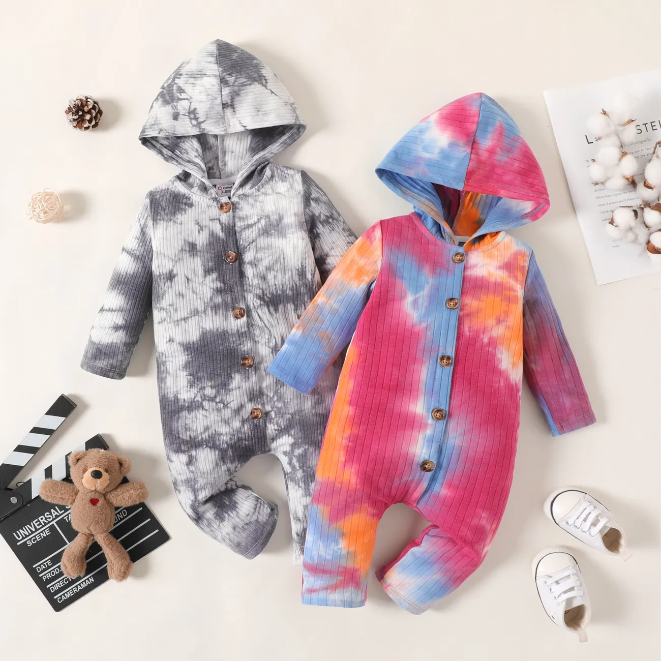 Baby Boy/Girl Tie Dye Ribbed Hooded Long-sleeve Button Jumpsuit BlackandWhite big image 1