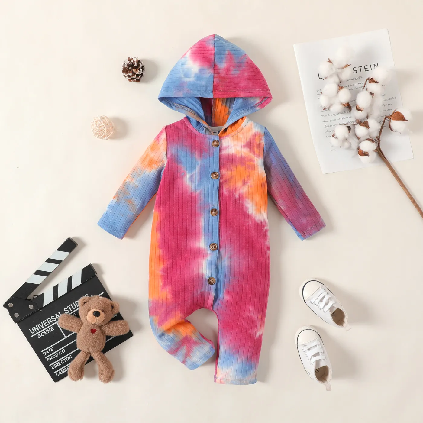 Baby Boy/Girl Tie Dye Ribbed Hooded Long-sleeve Button Jumpsuit