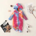 Baby Boy/Girl Tie Dye Ribbed Hooded Long-sleeve Button Jumpsuit Orange color