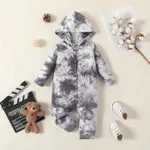 Baby Boy/Girl Tie Dye Ribbed Hooded Long-sleeve Button Jumpsuit BlackandWhite