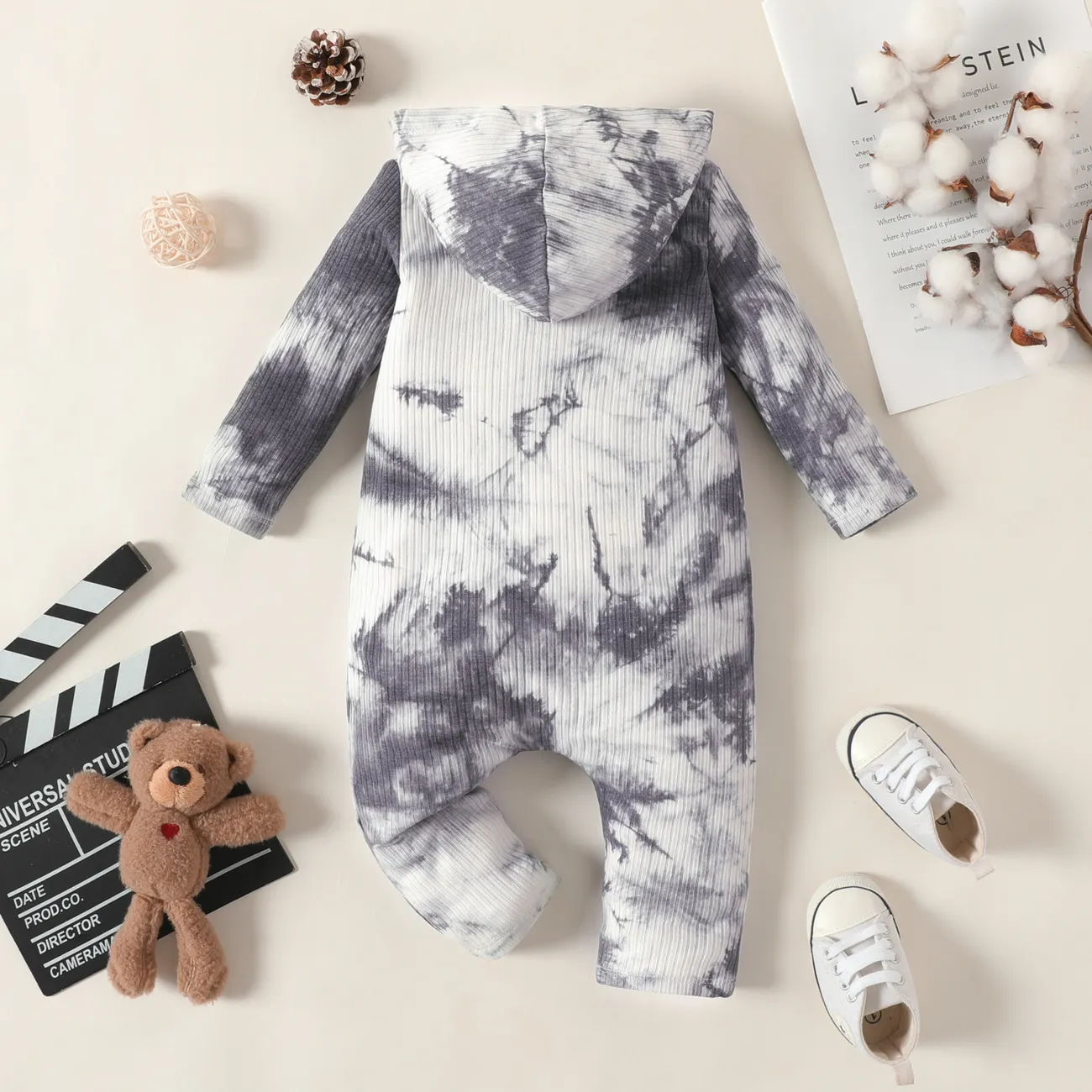 Baby Boy/Girl Tie Dye Ribbed Hooded Long-sleeve Button Jumpsuit BlackandWhite big image 1