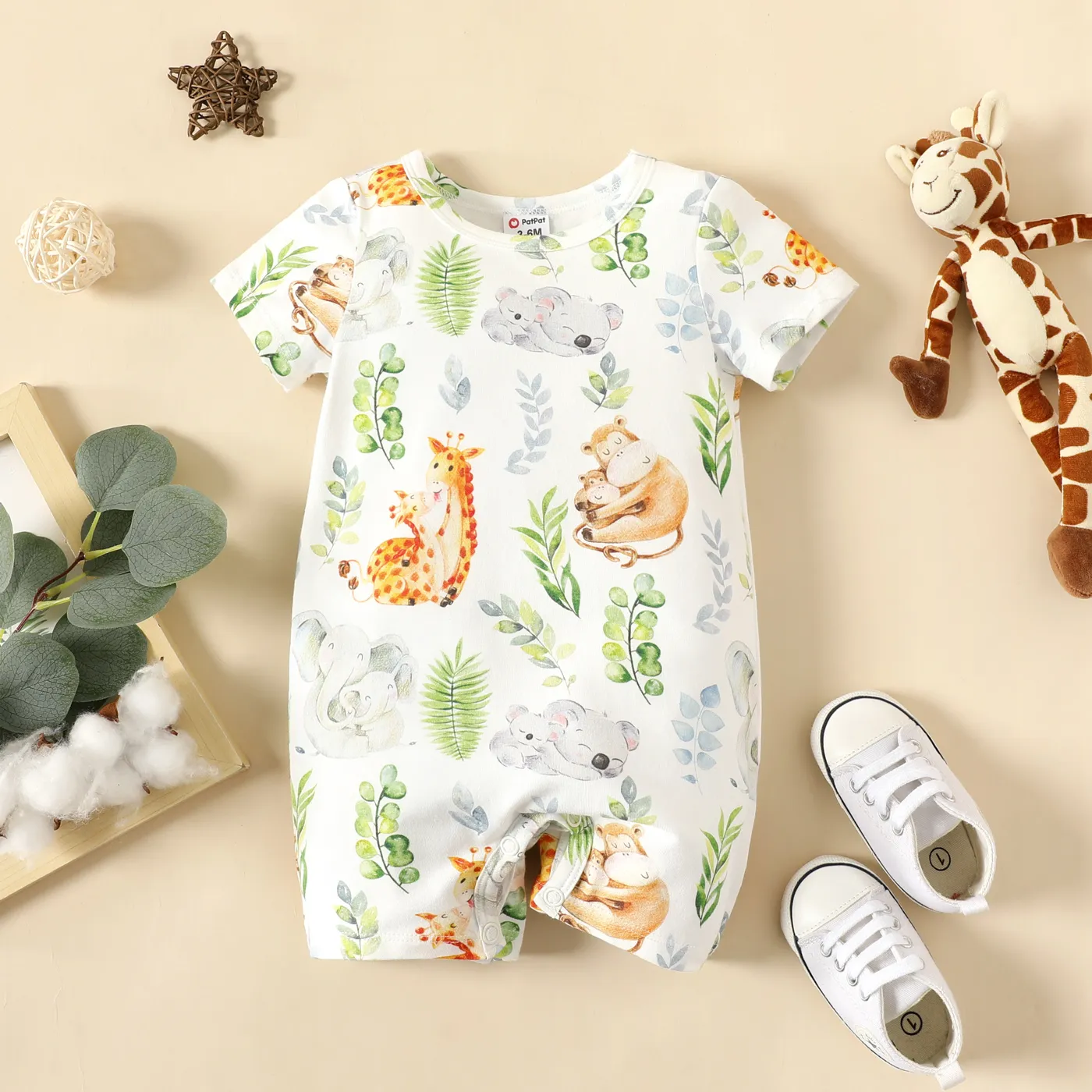 Baby Boy/Girl Cotton Short-sleeve Allover Animal Print Romper  big image 1