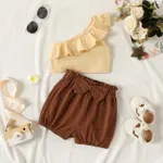 2pcs Baby Girl 100% Cotton Bow Front Shorts and One Shoulder Ruffle Trim Tank Top Set Apricot