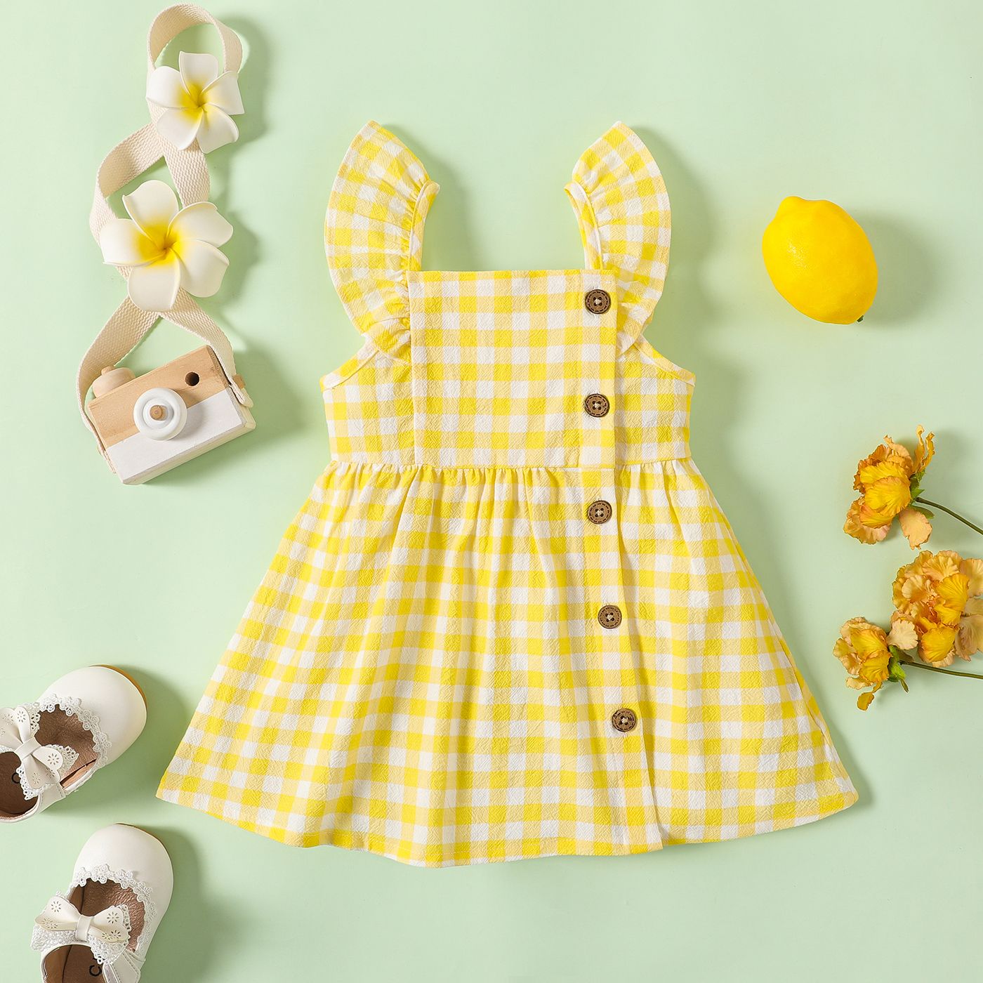 Baby Girl 100% Cotton Gingham Or Allover Lemon Print Flutter-sleeve Button Dress