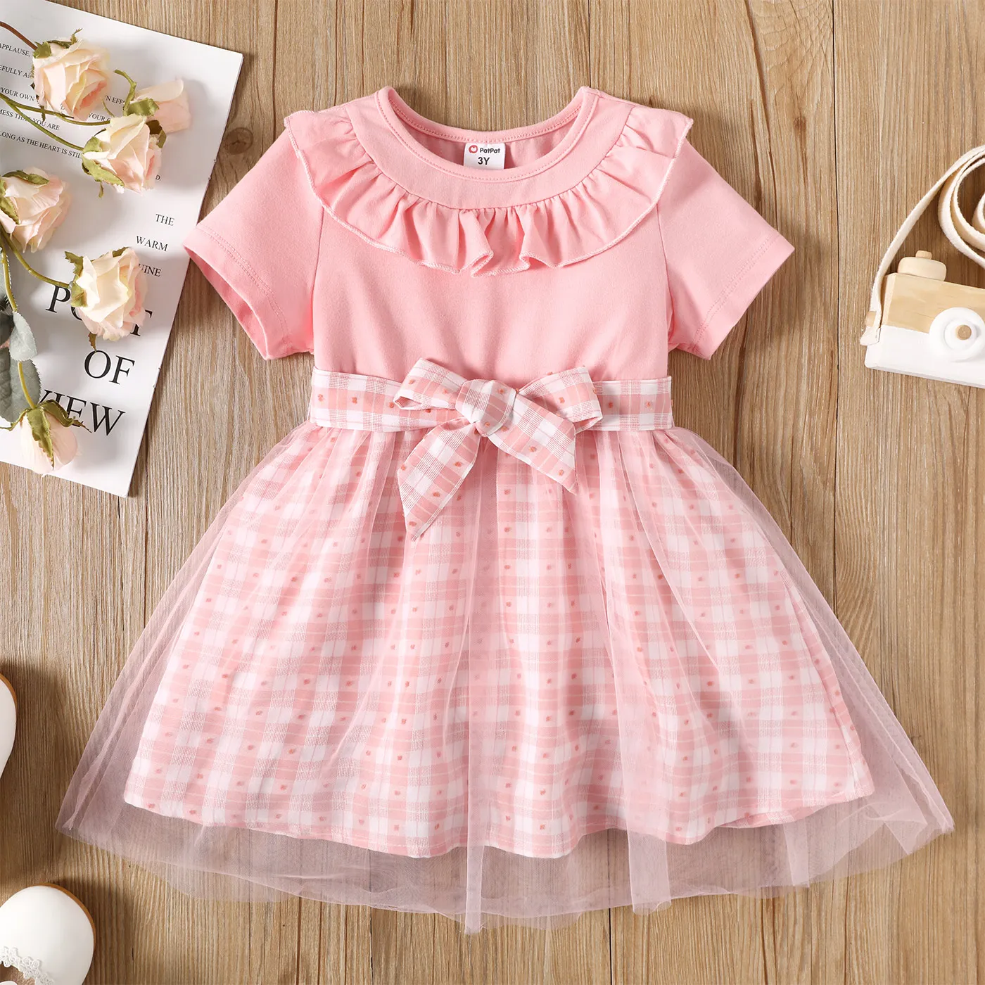 Toddler Girl Ruffle Collar Short-sleeve Belted Overlay Dress Pink big image 1
