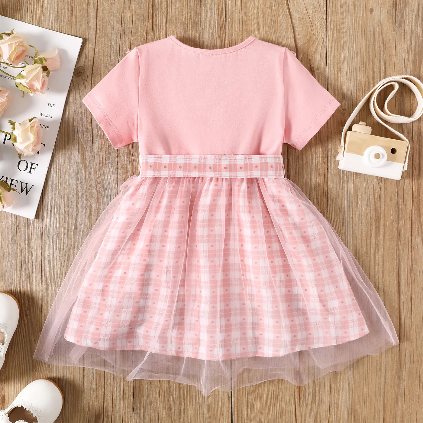 Toddler Girl Ruffle Collar Short-sleeve Belted Overlay Dress Pink image 2