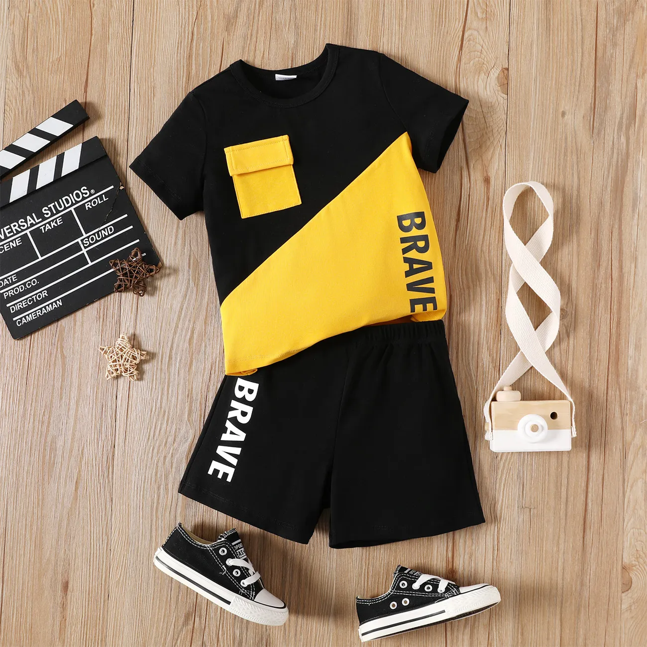 2pcs Toddler Boy Cotton Colorblock Letter Print Short-sleeve Tee and Elasticized Shorts Set big image 1