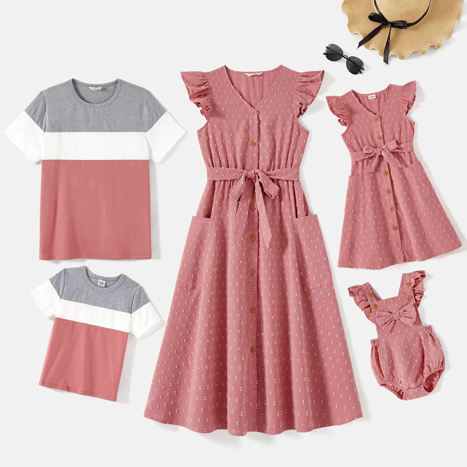 

Family Matching 100% Cotton Colorblock Tee and Solid Swiss Dot Button Front Flutter-sleeve Belted Dresses Sets