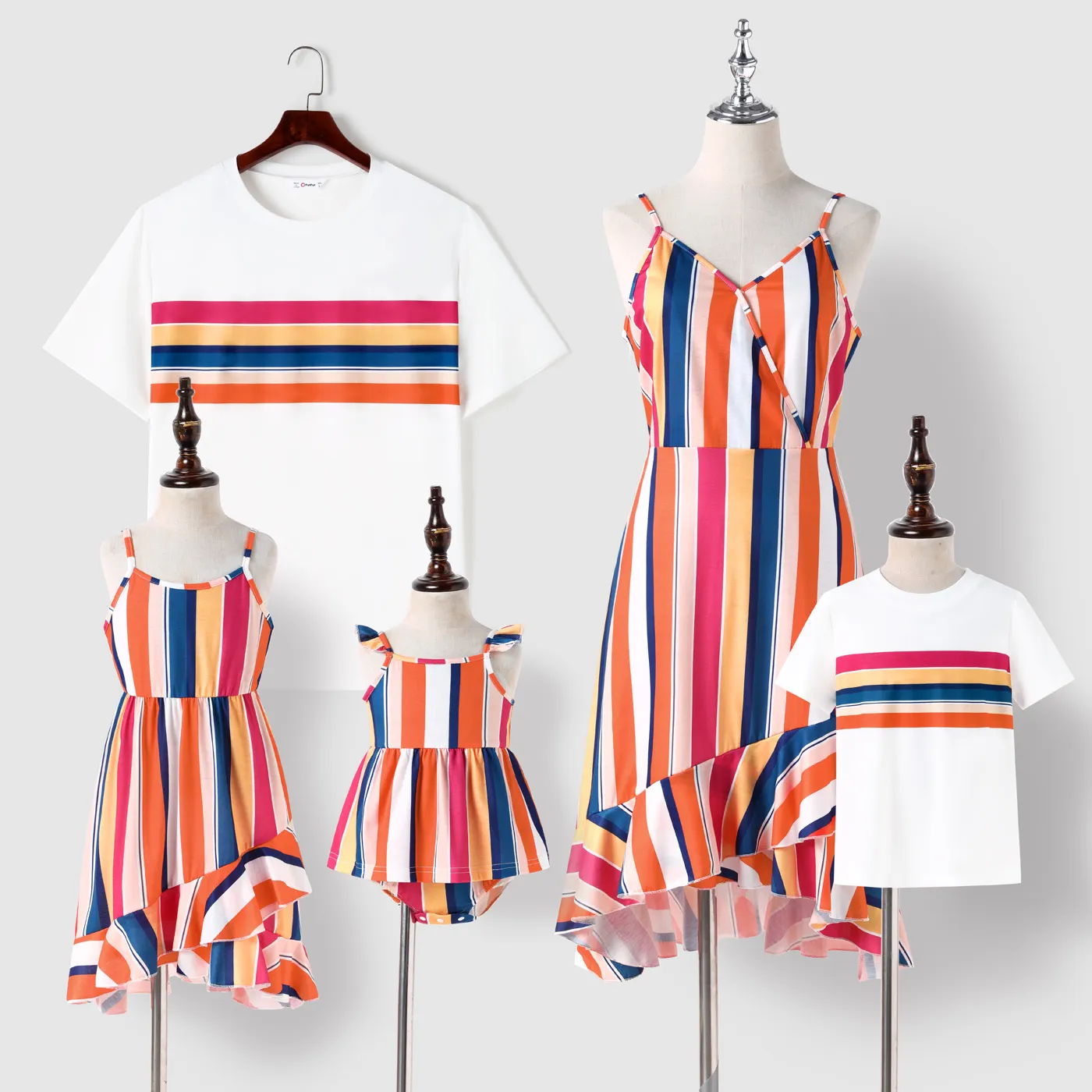 

Family Matching Colorful Striped Ruffled High Low Hem Cami Dresses and Short-sleeve T-shirts Sets