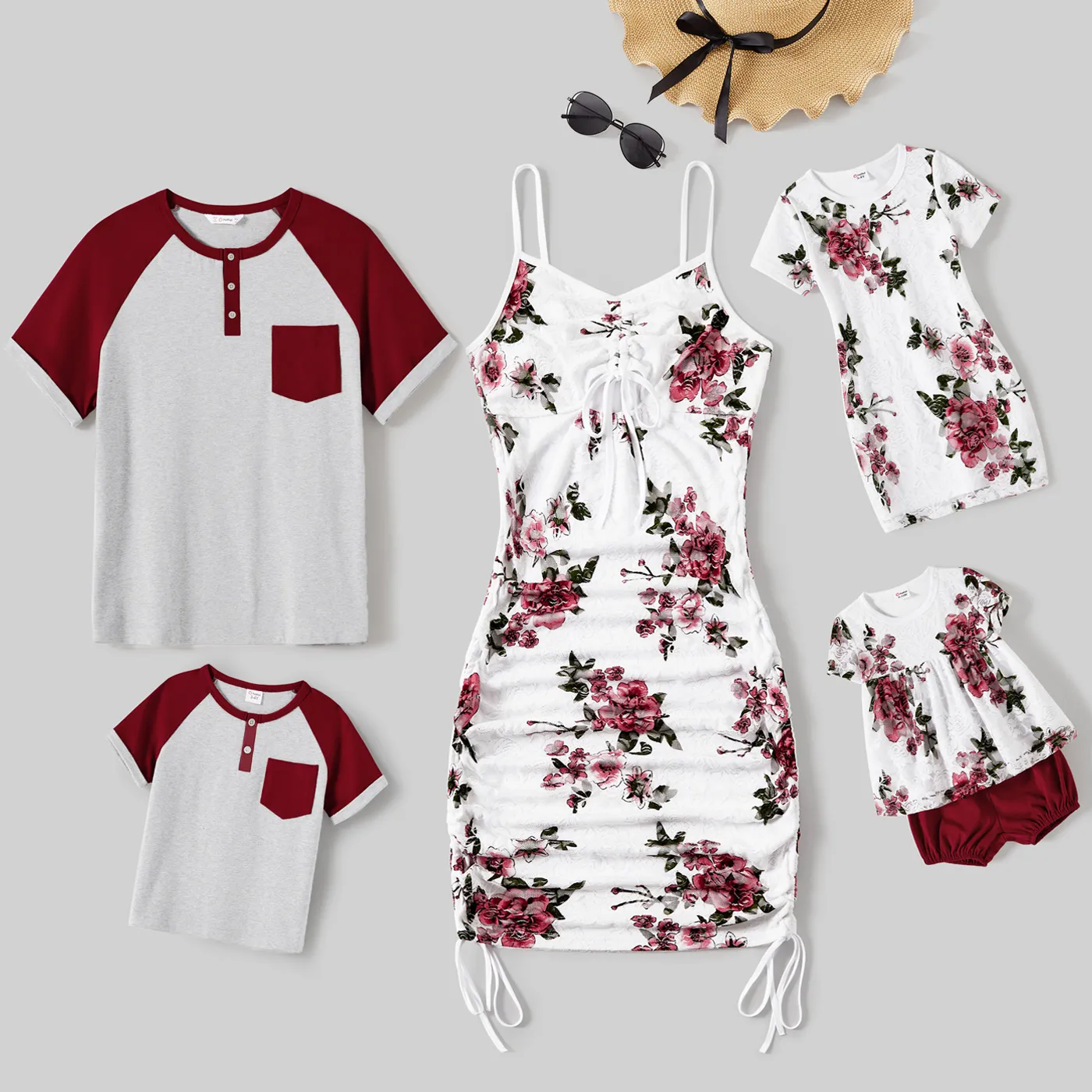 Family Matching Cotton Colorblock Raglan Sleeve T-shirts And Allover Floral Print Drawstring Ruched Bodycon Dresses Sets