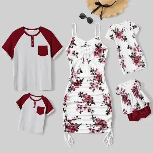 Family Matching Cotton Colorblock Raglan Sleeve T-shirts and Allover Floral Print Drawstring Ruched Bodycon Dresses Sets