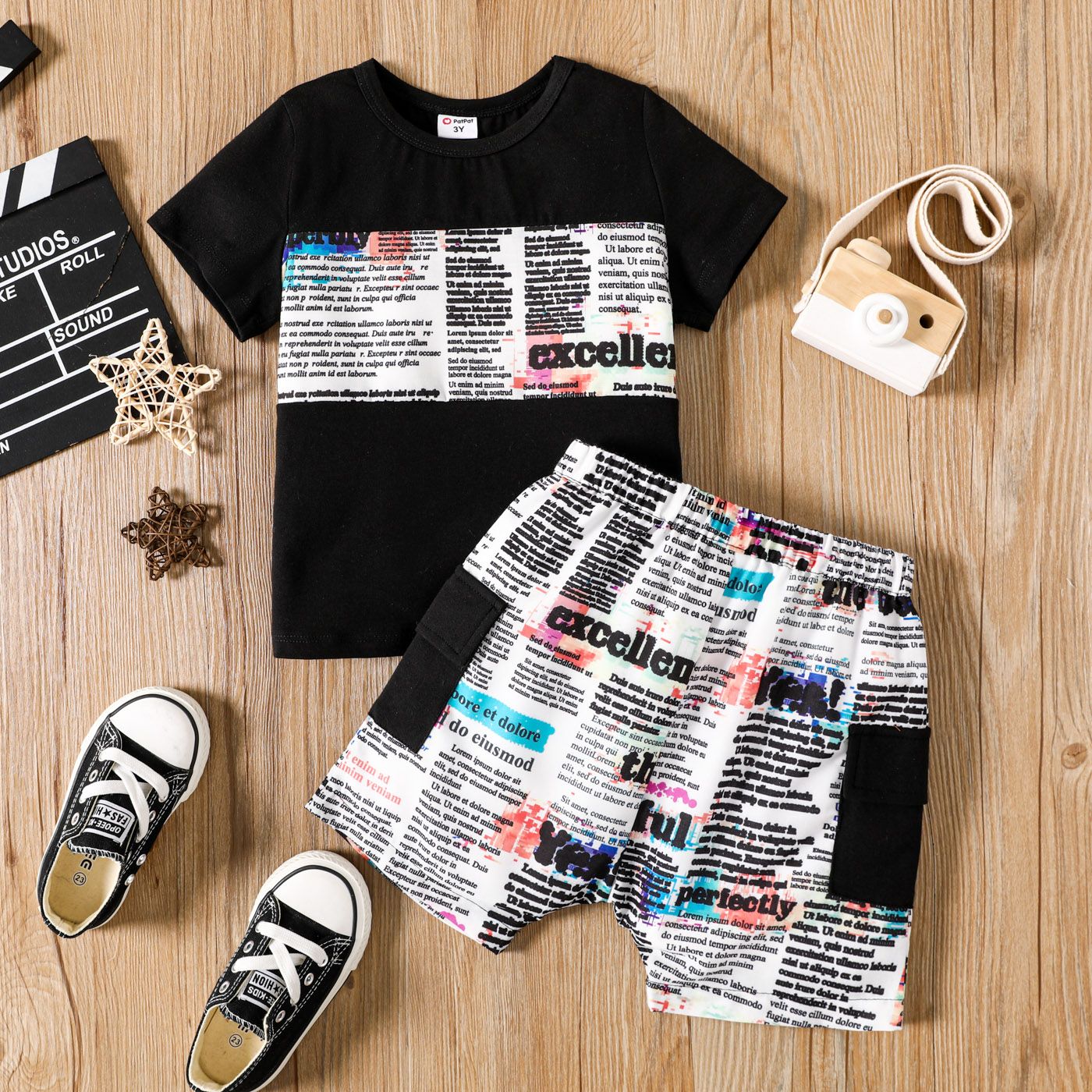 Ensemble Tee-shirt Et Short En Coton Imprimé De Lettres Colorblock Pour Tout-petit Garçon 2 Pièces