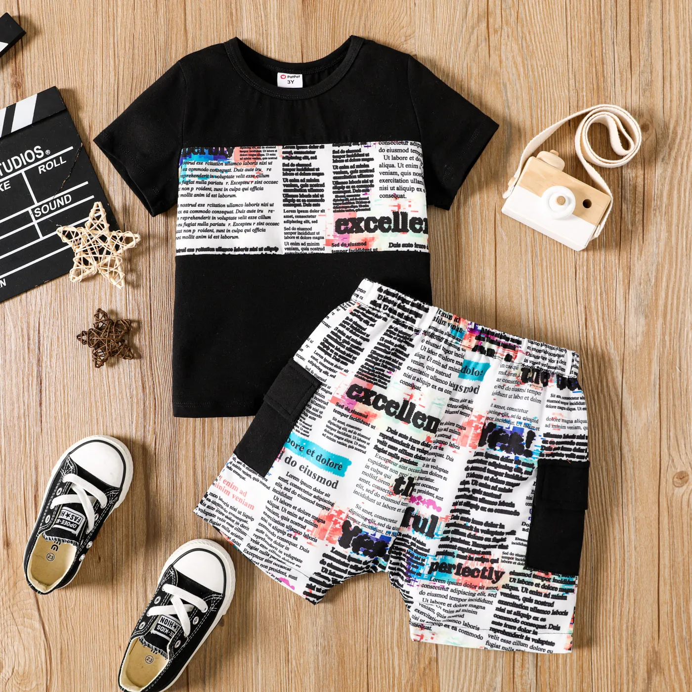 2Pcs Toddler Boy Colorblock Letter Print Cotton Tee & Shorts Set